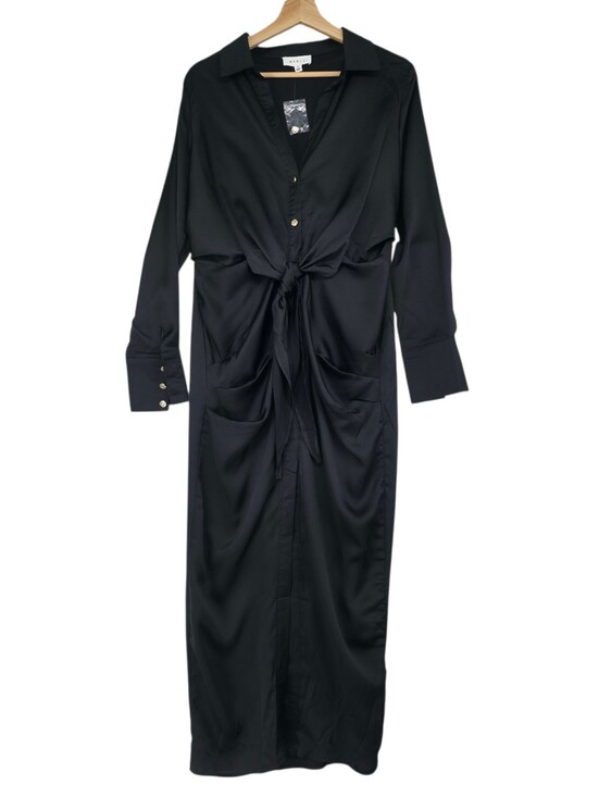 Mable Dresses & Skirts - Mable Black Satin Tie Front Shirt Dress Small Midi Front Slit Long Sleeve NWOT